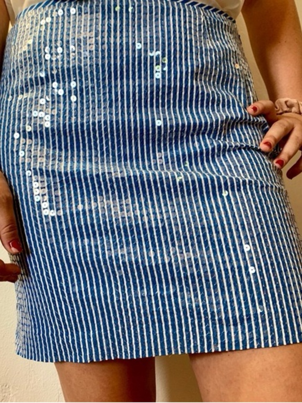 Kors Michael Kors Sequin Striped Mini Skirt Navy Silver Pencil Party Size S/M